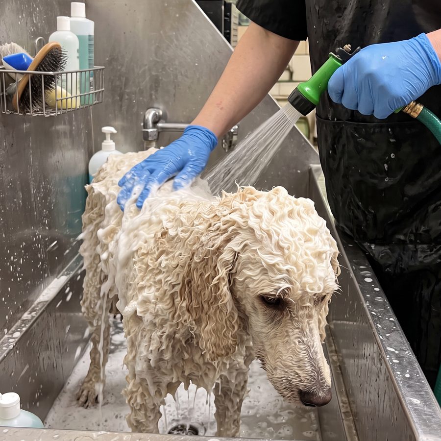 Dog being rinsed in grooming tub