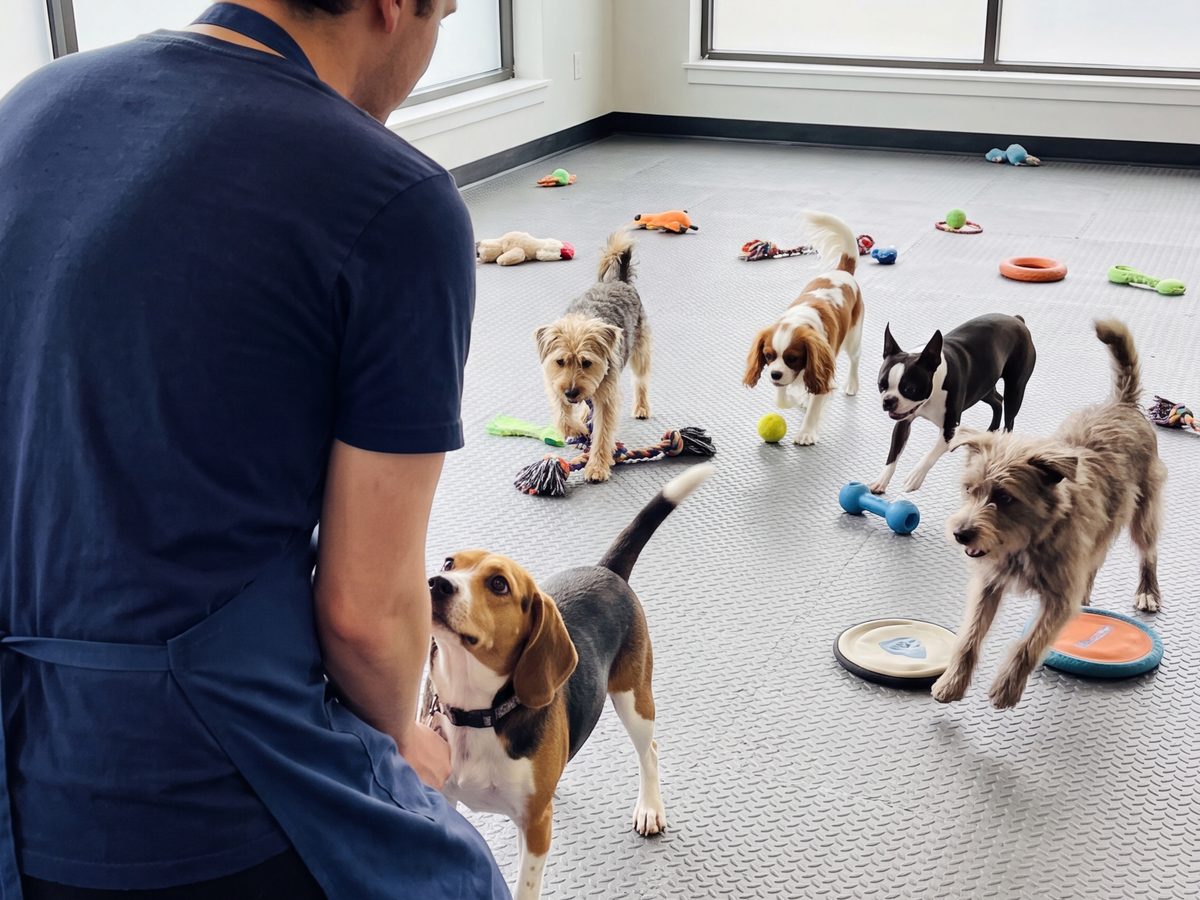 Dogs playing in our cage-free daycare space